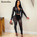 Sexy Black Diamond Crystal Pant Set Women Long Sleeve Zipper Top And See Through Pants Suit Party Club Matching