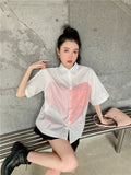 Heart Gradient Print Button Up Shirt For Women Summer Short Sleeve Top White Button Up Oversized Shirt Designer