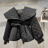 2022 Winter New Collection Sailor Collar Plaid Belt Slim Waist Cotton Coat Women