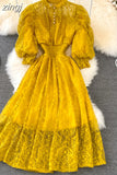 Women Lace Dress Spring Summer Elegant Stand Collar Puff Sleeve High Waist Party Vestidos Female Runway Robe 2023