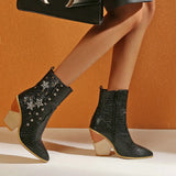 Stone Print Zipper Ankle Boots Women Wedges High Heels Western Boots Pointed Toe Crystal Autumn Winter Woman