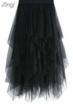 Women Sweet Midi Spring And Summer High Waist Solid Asymmetrical Elegant Chic White Mesh Tulle Skirts