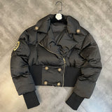 Winter Fashion Design Women Turn Down Collar Long Sleeve Double Breasted Slim Waist Rhinestone Cotton-padded Parka