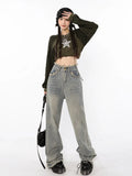 Waist Straight Tube Washed Jeans Women's Vintage Raw Edge Baggy Denim Pants Streetwear American Style Wide Leg