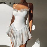 Women Sexy Solid Elegant Spaghetti Strap Mesh Patchwork Mini Bodycon Sexy Asymmetrical Dancing