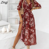 ruffle sleeves lace up wrap Summer Women's Fashion V-neck Slim Chiffon Printed Dress with Side Slit dress maxi