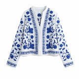 Casual Embroidery Blue And White Porcelain Coat Women Elegant Single Breasted Loose Jacket Chic Tops Vintage Spring