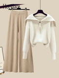 Winter Knit Two Piece Sets Womens Outfits Ladies Casual Sailor Collar Knitted Sweater And Wide Leg Pants Sets Koeran