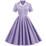 Retro Vintage Swing Casual Summer Dress Button Front Turn Down Collar Plaid Print 1950s Pinup Rockabilly Dresses with