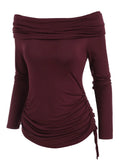 T Shirt Women Foldover Off Shoulder Cinched T-Shirt Solid Basic Long Sleeve Autumn Feminina Ladies Fashion