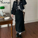Women'S Black Tweed 2pcs Set Autumn Korean Round Neck Long-Sleeved Top Fashion Suits With Long Skirt 2021 Y2k High-Waisted