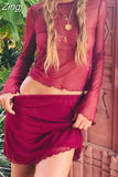 Women Mesh See Through 2 Piece Set O-neck Long Sleeve Solid T-shirts Crop Top High Waist Mini Skirts Beachwear