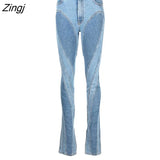 Fashion Women's Jeans Slim Deconstruct Panelled Patchwork High Waist Split Blue Long Denim Pants Autumn 2023 New