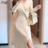 Korean Knitted Dress Women Casual Designer Sashes Split Midi Dress Female 2021 Autumn High Waist Party Dress Office