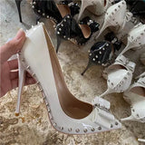 nude 12cm extreme high heels women shoes with bow rivets black red pointed toe shallow women pumps plus size MD002