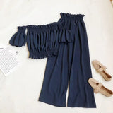 2021 New Summer Women Casual Solid Color Off Shoulder Short Tops+Elastic Waist Wide Leg Long Pants Sexy Two Piece
