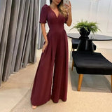 Women Jumpsuit Puff Short Sleeve V Neck Backless Nipped Waist Loose Wide Legs Casual Pants Romper High