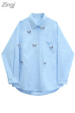Women's Blouse Fashion Lapel Collar Blue Butterfly Shirts Long Sleeve Single Breasted Streetwear Casual Loose Female Blouses