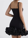 Elegant Women Sleeveless Strap Short Mini Dress Square Neck Low Cut Bodycon Black Ruffles Hem Dress Clubwear