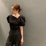 Korean Elegant Chic Blouse Women Summer Pleated Puff Sleeve Shirts Office Lady Fashion Slim Solid Folds V Neck Chic
