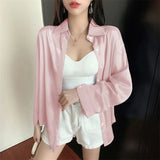 Transparent Blouse Summer 2021 Long Sleeve White Pink Green Button Up Shirts Women Y2k Korean Fashion Cardigan Sheer