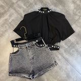 2022 Fashion Design Short Sleeve Stand Collar Crop Top Tshirt Denim Shorts Hollow Out Waist Two Piece Set Outfits