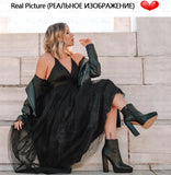 Onlymaker Women Ankle Boots Pointed Toe Black Matte Flock12CM Chunky Heel Platform Booties Party Shoes Large Size Short