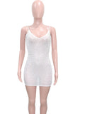 Sexy White Mesh See Through Beading Mini Dress Women Strap Backless Bodycon Sheer Night Clubwear