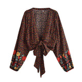 Queens Women Black Floral Print Rayon Bohemian Blouses Shirt Ladies Bow Crop Top Long Sleeve Boho Beach Robe
