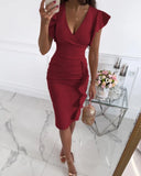 new style OL temperament V-neck slim waist pleated ruffled hip dress