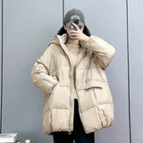 New Winter Women White Duck Down Jacket Hooded Warm Oversize Puffer Coat Female Casual Loose Parkas Pocket