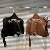 Autumn New Arrivals Long Sleeve Turn Down Collar Embroidery Letters Faux Leather Short Jacket Vest Belt Women