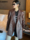Autumn Oversized Shiny Purple Crocodile Pattern Faux Leather Blazer Women Long Sleeve Double Breasted Y2K Jacket