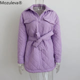 plaid Quilted Jacket Women Loose Thin Puffer Parkas Coat Vintage Belted Outwear Autumn Winter Ladies Oversize