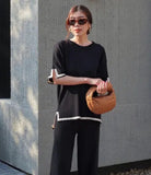 Fashion Suit Temperament Bumpy Open Fork Short-Sleeved Knit Shirt High Waist Thin Leg Trousers Two