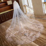 White Ivory Two Layer Lace Wedding Veil with Pink Flowers Cathedral Long Bridal Veils with Metal Comb Wedding Accessories
