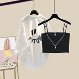 Women Streetwear Harajuku Y2k Outfits 3 PCS Sets Chain Vest+long Sleeve Sunscreen+wide Leg Hollow Out Denim Pant