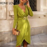 Women Solid Elegant Deep V Neck Wrist Sleeves Wrap Silt Midi Working Formal Party