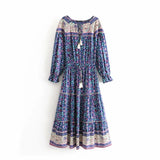 Queens Women Long Sleeve Lace Patchwork Floral Print Beach Bohemian Midi Dress Ladies Tassel Loose Rayon Boho