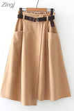 Women Elegant Chic Split Midi Skirt Autumn Winter Solid Elastic High Waist Casual Office Lady A Line Long
