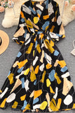 Women Flower Printed Midi Dress Spring Autumn Elegant V-Neck Slim Vestidos Casual High Waist A-Line Bohemian Robe