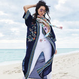 Floral Embroidered Front Open Long Kimono Cardigan Plus Size Navy Blue Tunic Women Tops and Blouses Shirts