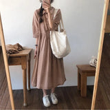 Winter 2pcs Set Women Korean Kawaii Cardigans Single Breasted Sweaters And Half Sleeve Plaid Dress Japanese Loose