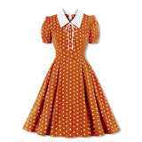 Green Vintage Retro 50s 60s Women Dress Polka Dots Printed Short Sleeve Turn Down Collar Rockabilly A Line Party
