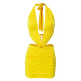 Sexy Y2K Clubwear Backless Deep V Yellow Cut Out Dresses 90s Fashion Rave Ruched Bandage Halter Mini Dress Party
