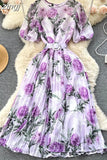 Bohemian Women Floral Print Pleated Midi Dress Elegant Round Neck Puff Sleeve High Waist A-Line Draped Beach Vestidos