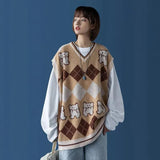 Style Oversize Sweater Woman Argyle Kawaii Bear Women's Knitted Vest Loose Korean Pullover Sleeveless Sweater for