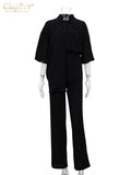 Causal Loose Trouser Suits Autumn Short Sleeve Blouse With High Wasit Pants Set Women Elegant Brown 2 Piece Pants