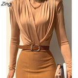 V Neck Brown Bodysuit Women Autumn Long Sleeve Top Bodies Sexy 2023 Female Overalls Casual Bodycon