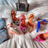and American 2021 Summer New Pointed High Heel Women's Shoes SUNFLOWER Drill Buckle Closed Toe Wine Cup Heel
